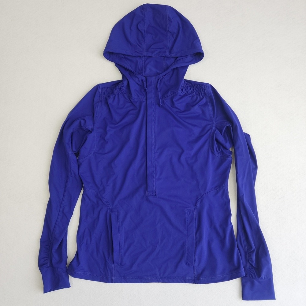 Athleta Solana Sun Hoodie Womens Large Purple Ruched Long Sleeve Swim Half Snap